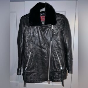 All Saints Black Leather Jacket with Fur Collar